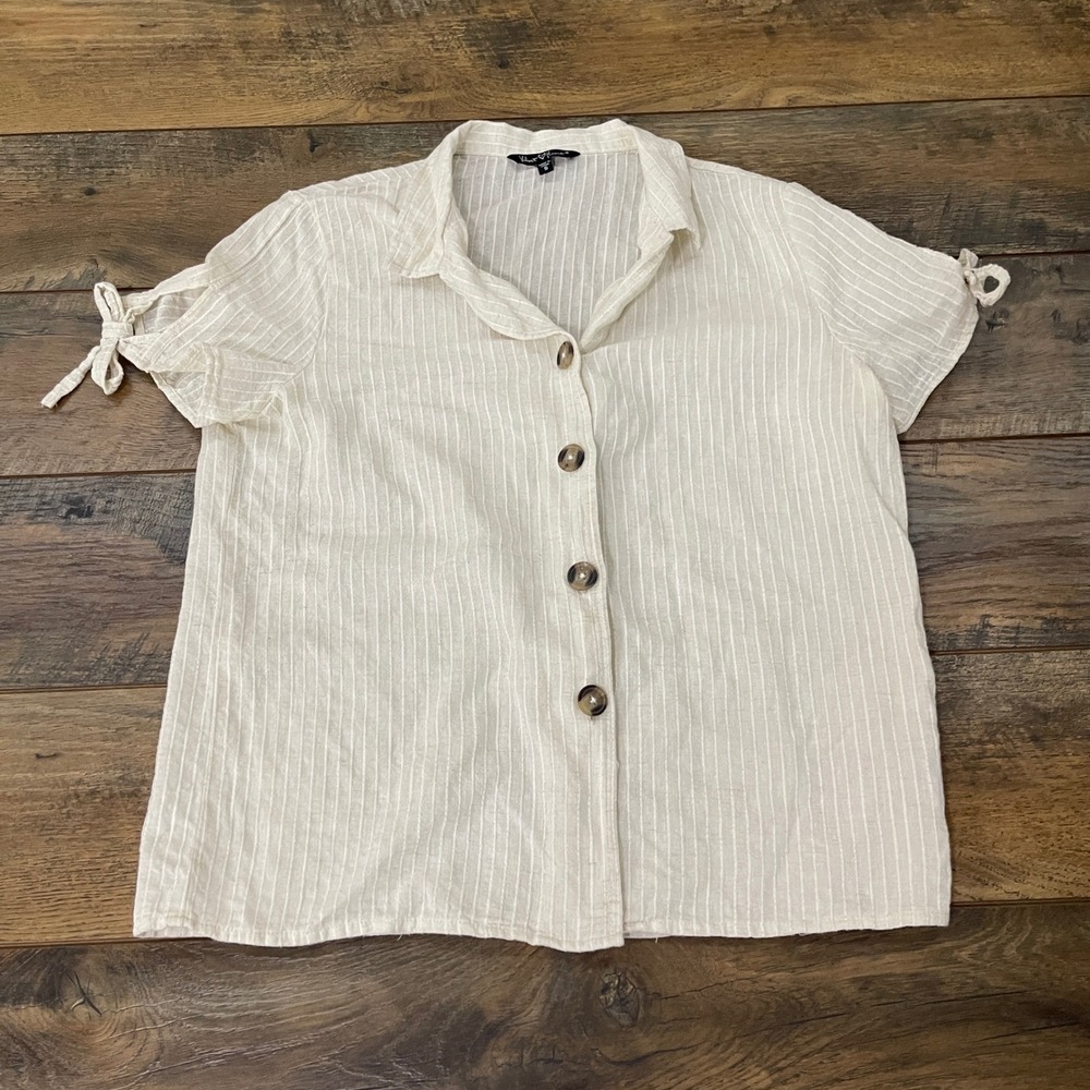Velvet Heart Striped Linen Blend Tie Sleeve Button Down Top Cream Small Coastal